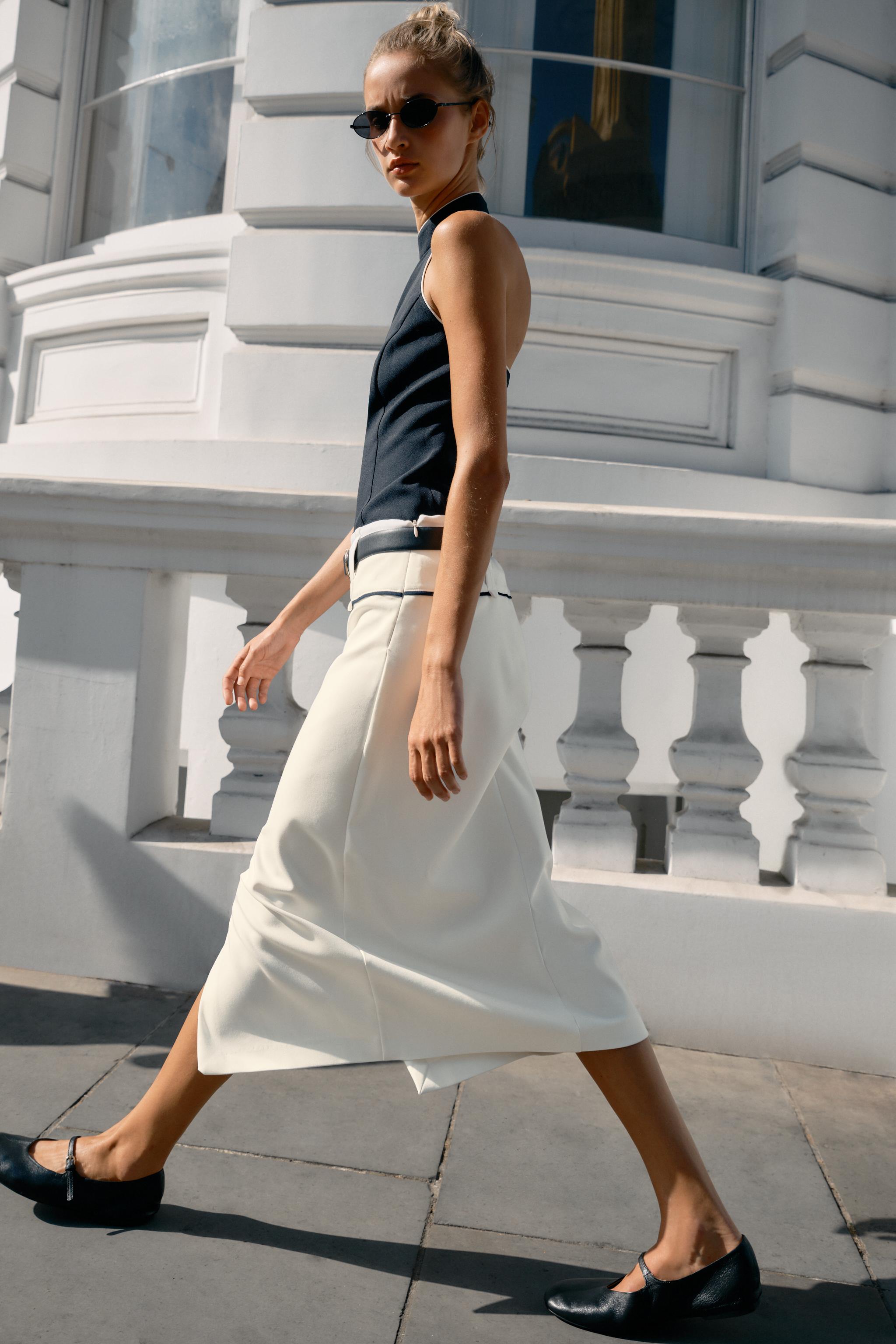 CONTRAST TRIM BELTED MIDI SKIRT